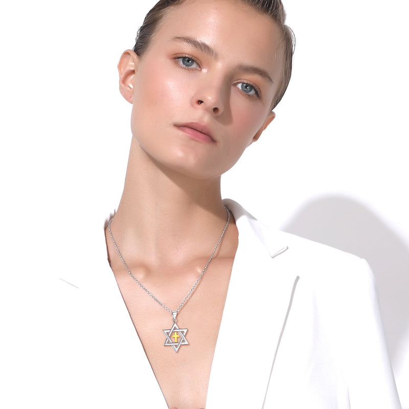 Sterling Silver Cross Star of David Necklace for