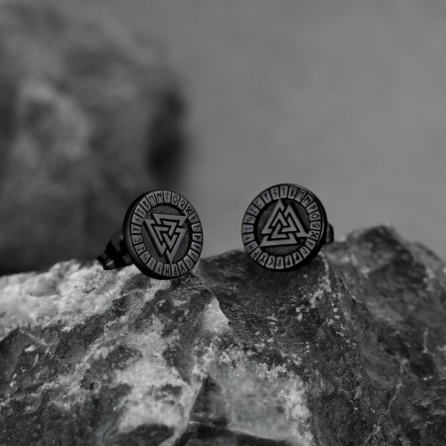 Viking Valknut Black Stud Earrings for With Runes