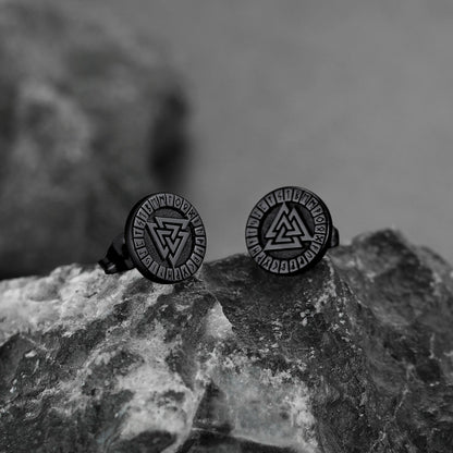 Viking Valknut Black Stud Earrings for With Runes