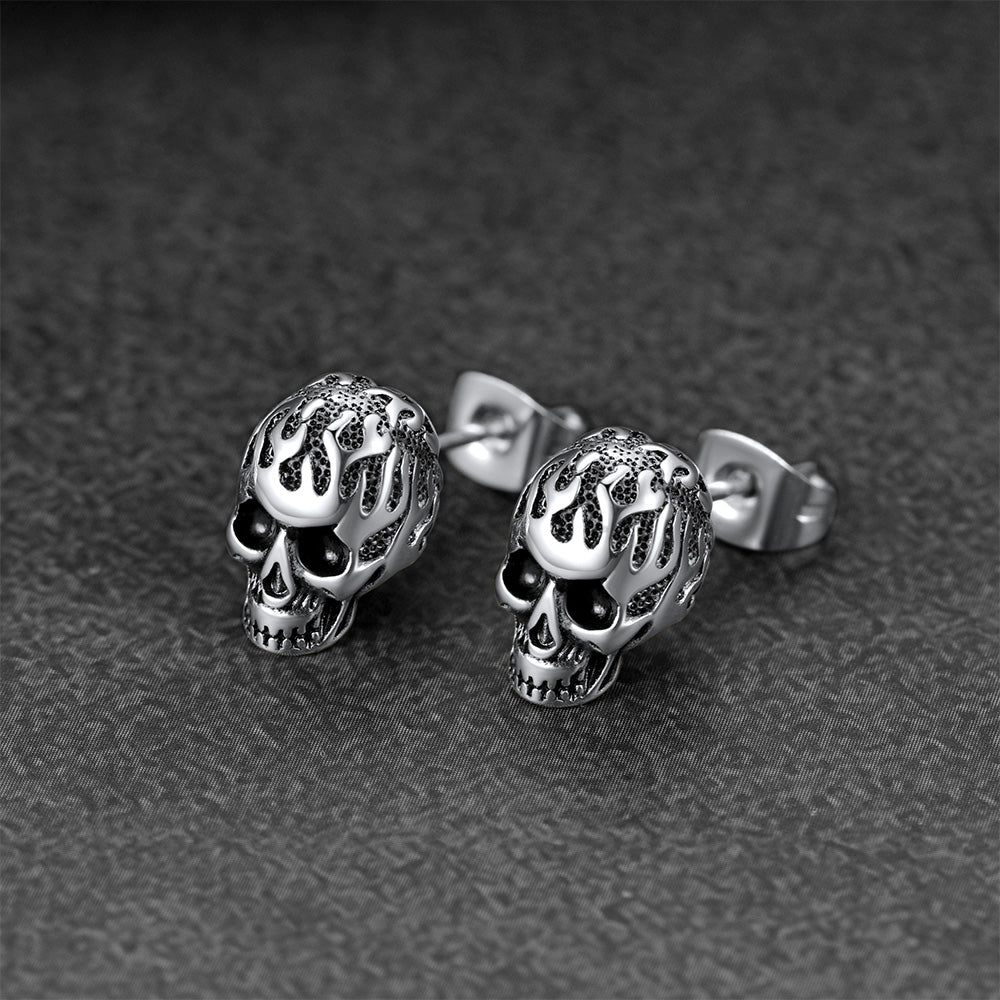 Gothic Flaming Skull Stud Earrings for