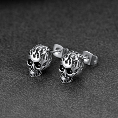 Gothic Flaming Skull Stud Earrings for