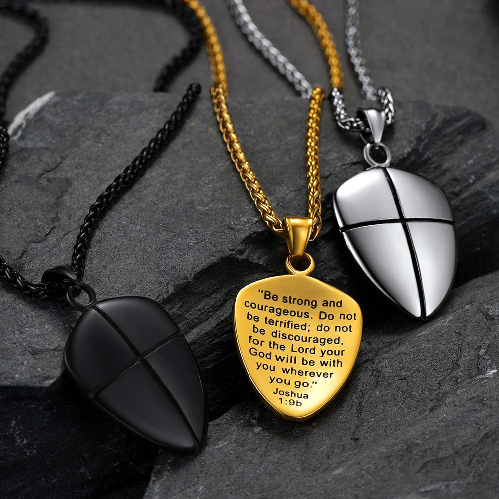 Christian Cross Joshua 1:9 Shield Necklace for