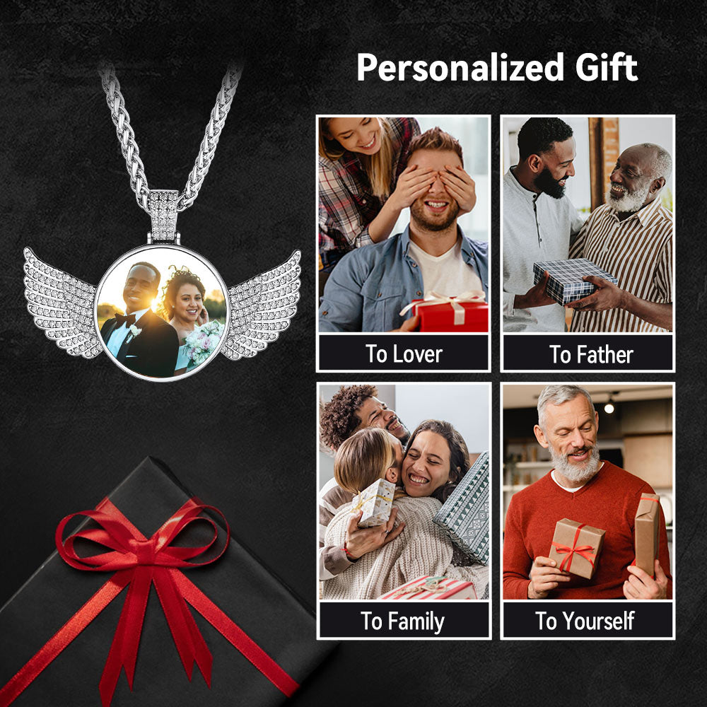 Customized Picture Circle Chain Necklace With Angel Wing Memorial Gift for