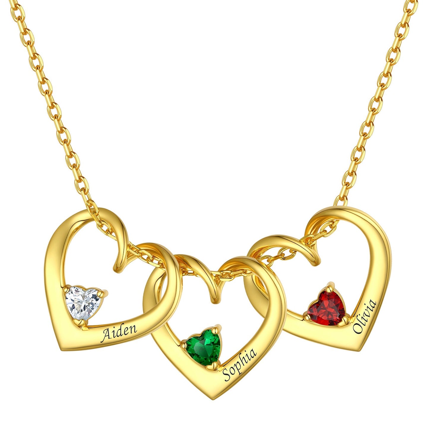 Sterling Silver Personalized 1-5 Hearts Birthstones Necklace for Family