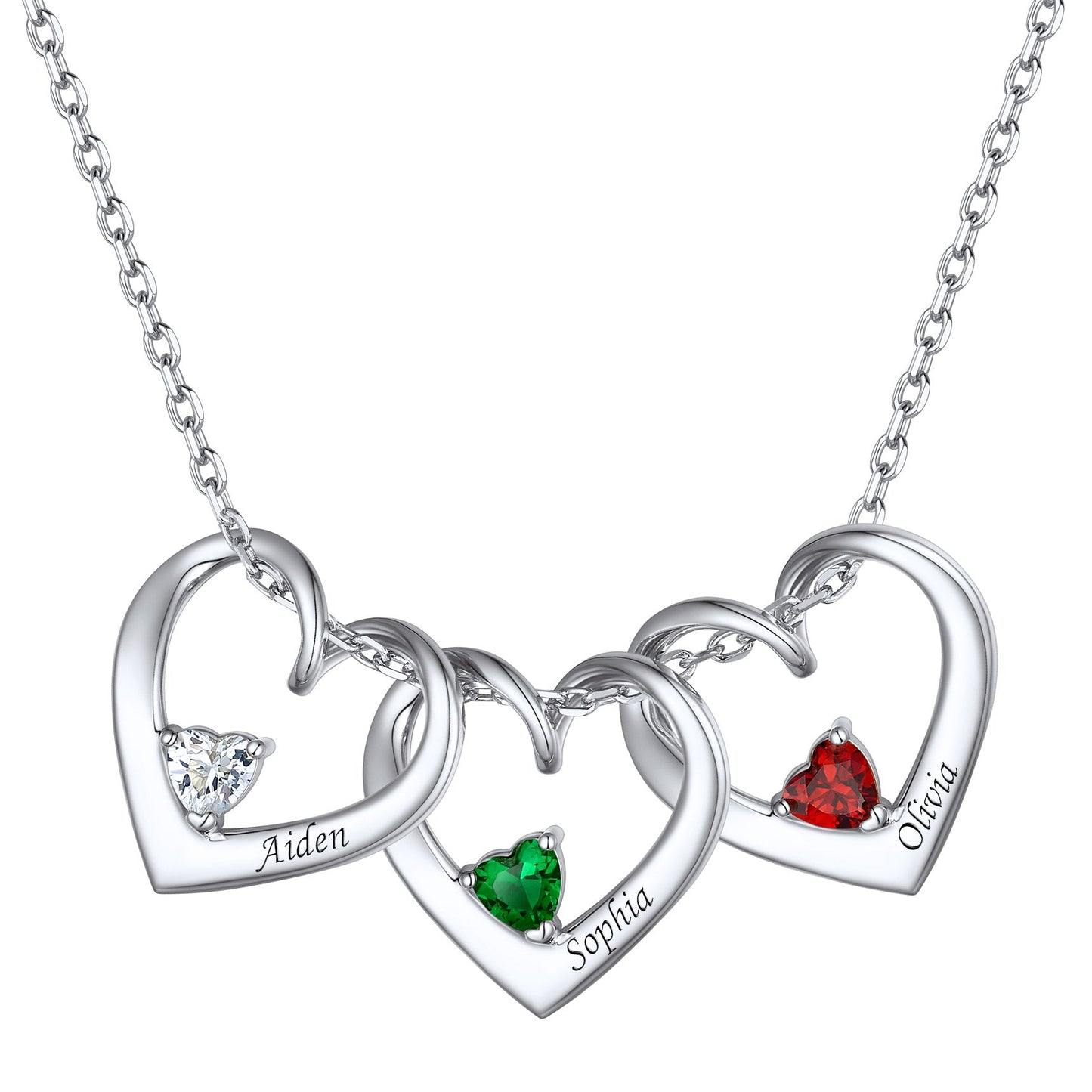 Sterling Silver Personalized 1-5 Hearts Birthstones Necklace for Family