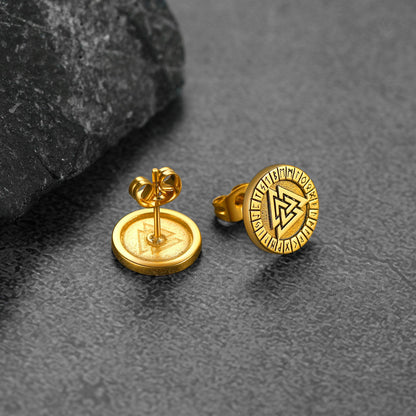 Viking Valknut Black Stud Earrings for With Runes
