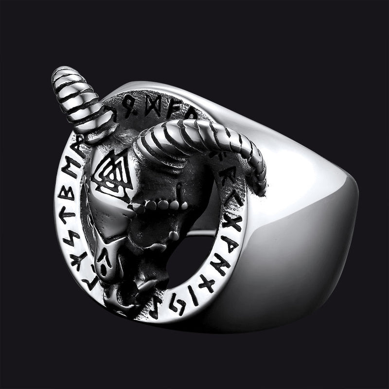 Satanic Goat Skull Ring With Viking Runes for