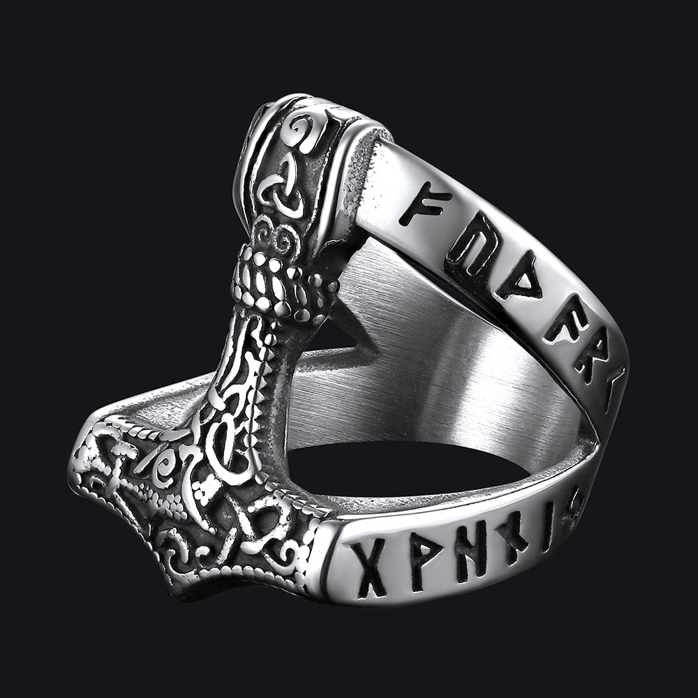 Viking Mjolnir Thor's Hammer Ring With Rune for