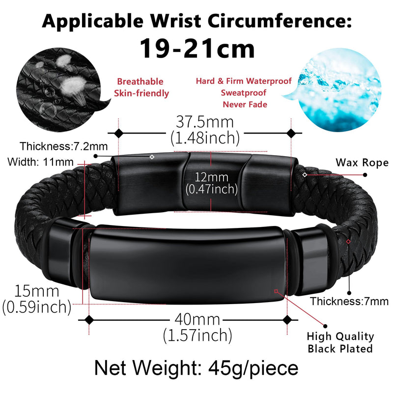 Custom Braided Black Engraved Leather Bracelet Cuff for