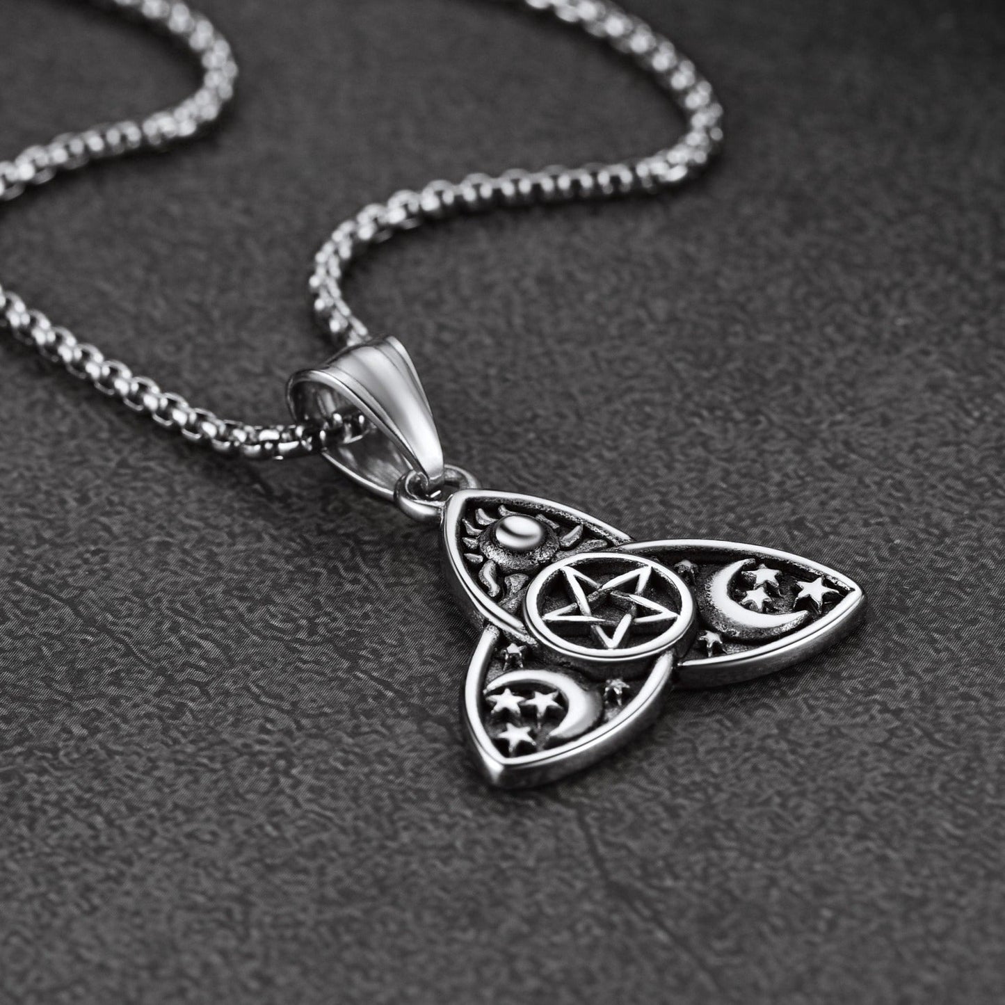 Triple Moon Goddess Pentagram Necklace for