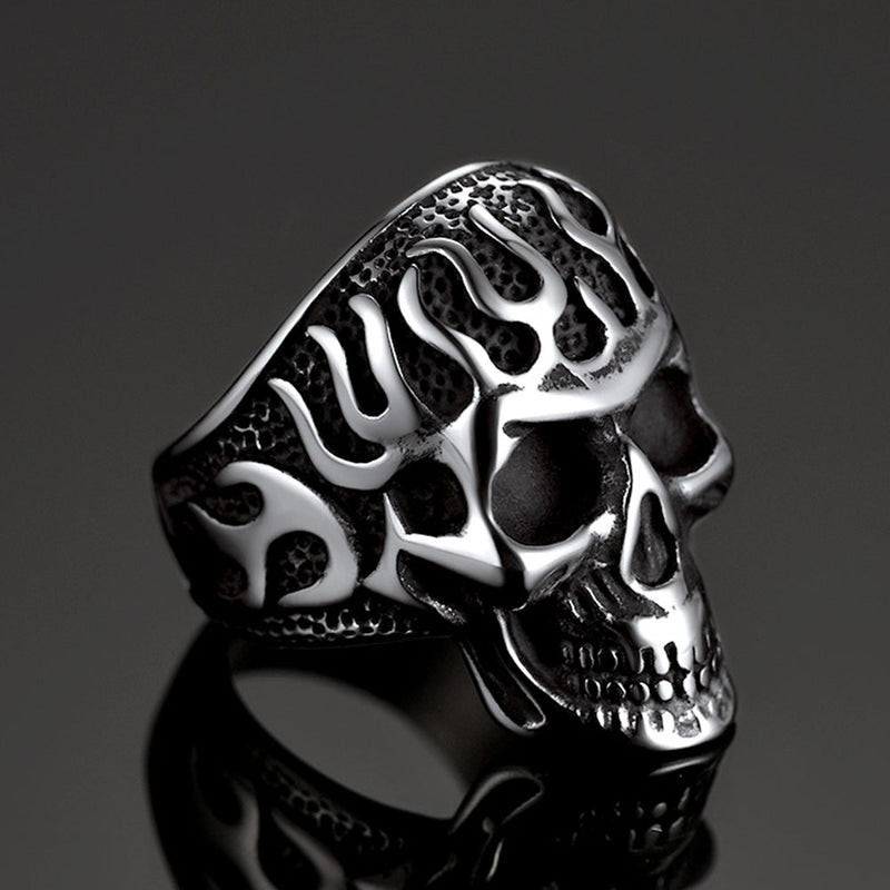 Gothic Fire Flaming Skull Stainless Steel Ring for