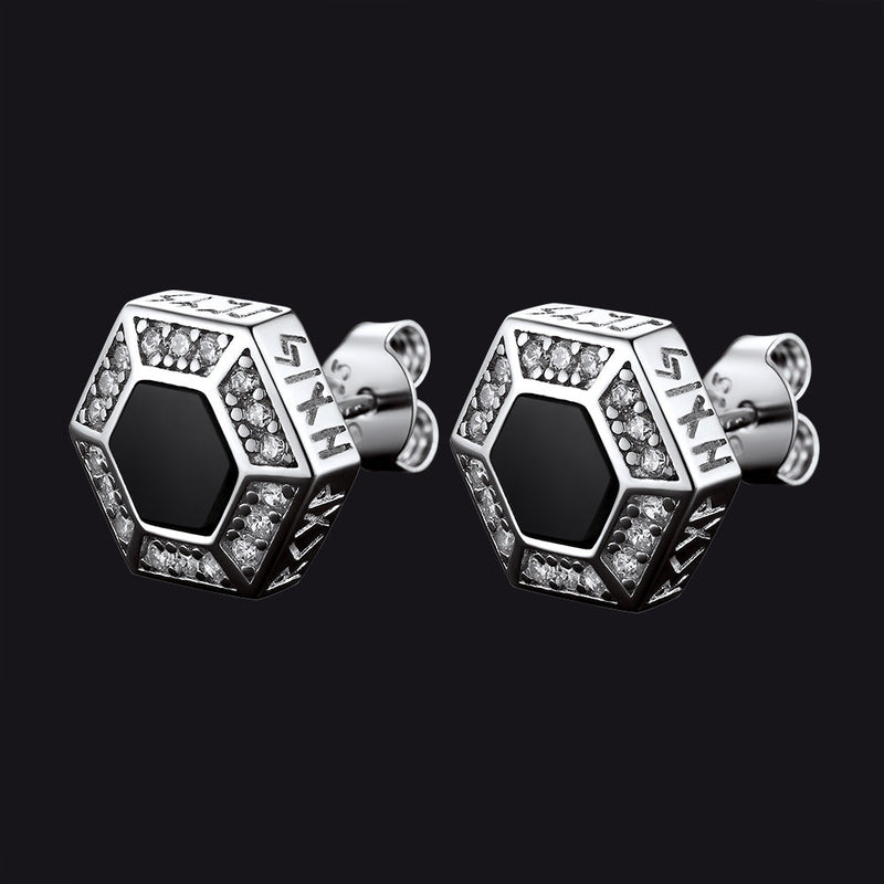 Viking Rune Hexagon Black Onyx Stud Earrings for