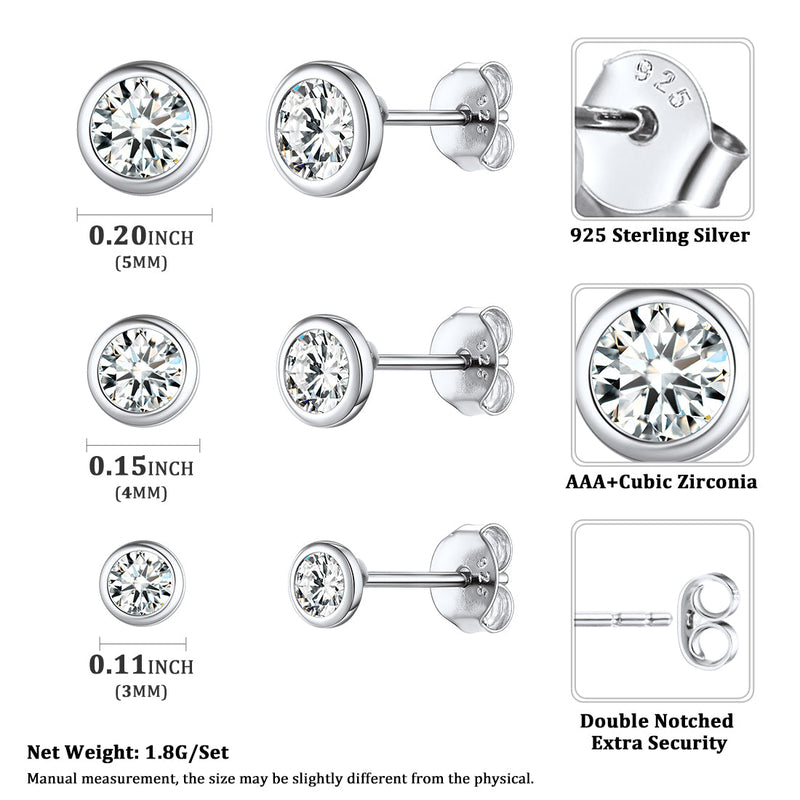 925 Sterling Silver Diamond Stud Earrings Set for 3 Pairs