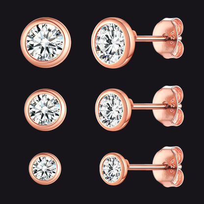 925 Sterling Silver Diamond Stud Earrings Set for 3 Pairs