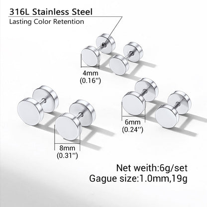 3 Pairs Simple Round Stud Earrings Set for 4/6/8mm Width