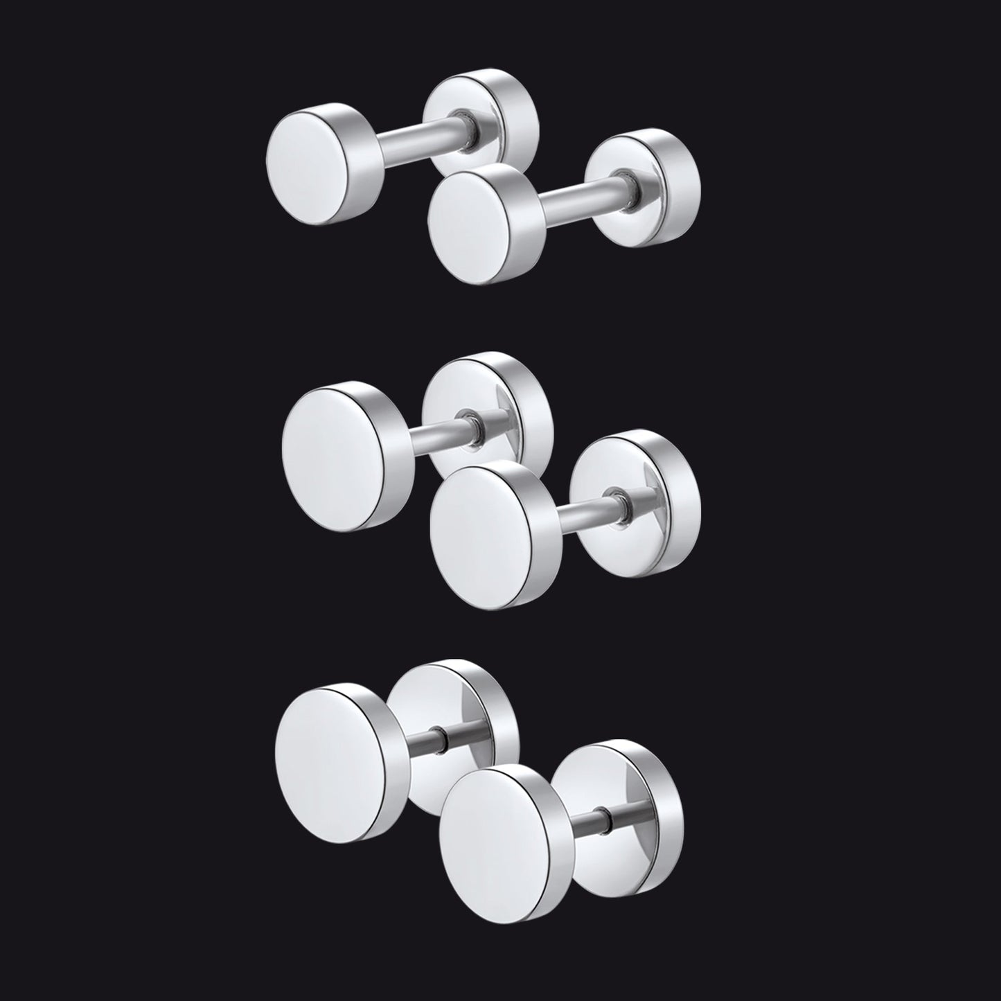 3 Pairs Simple Round Stud Earrings Set for 4/6/8mm Width
