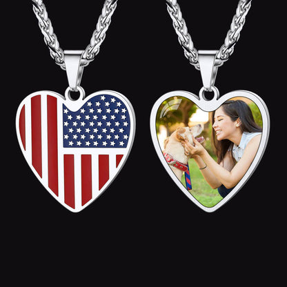 Customized Heart American Flag Necklace With Picture for