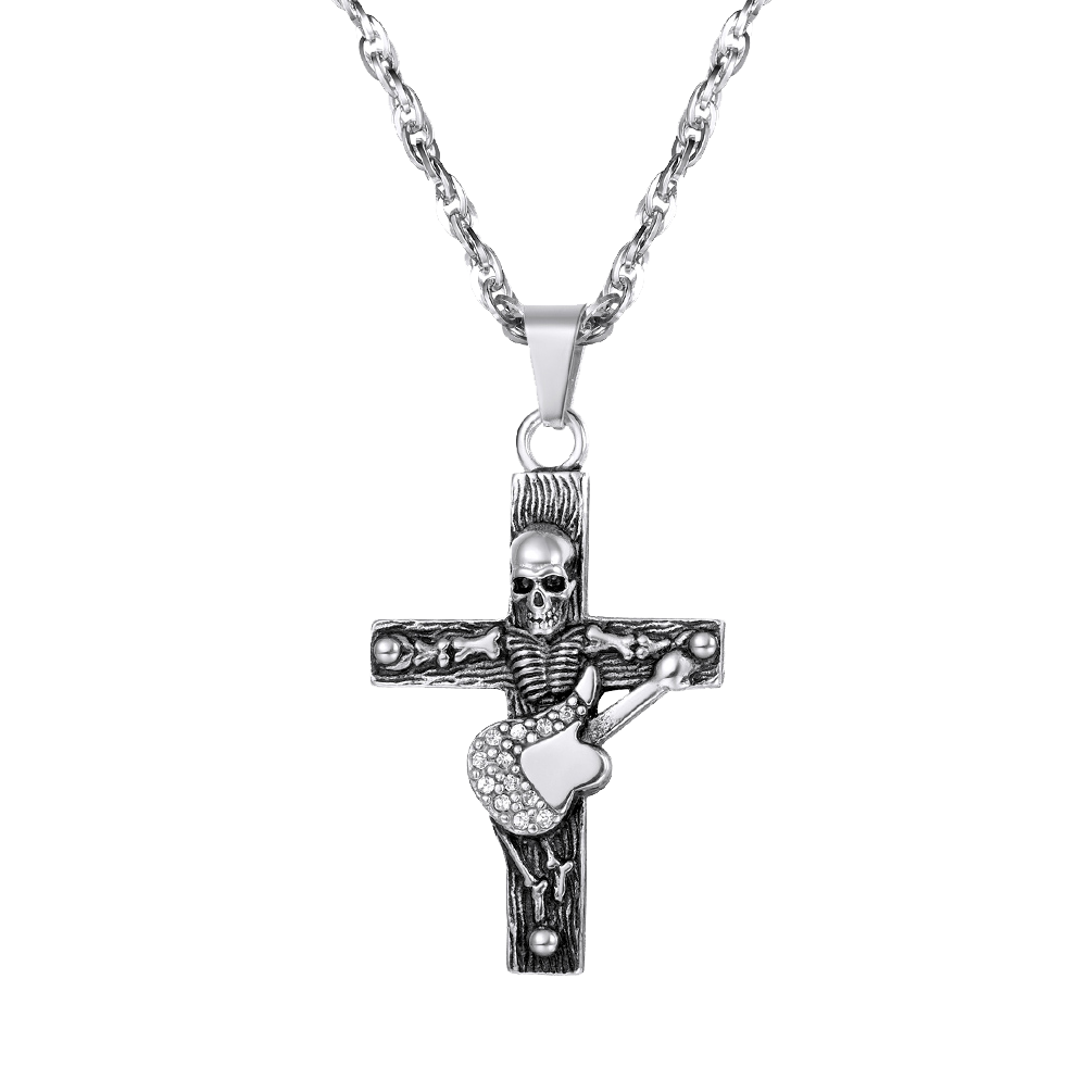 Punk Skull Guitar Cross Necklace for