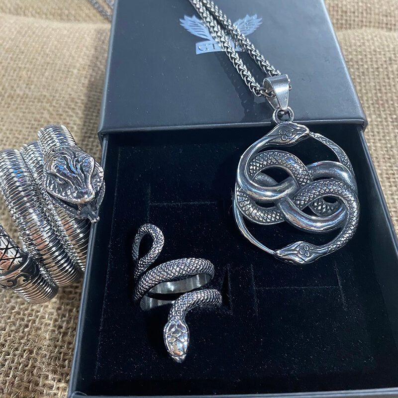 3 Pcs Coiled Snake Ring Pendant and Bracelet Jewelry Set