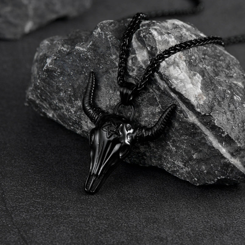 Flash Satanic Bull Cow Skull Necklace With Invert Pentagram for