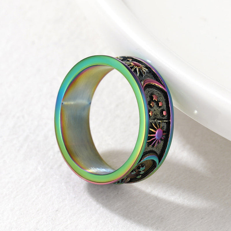 Stainless Steel Sun Moon Star Band Ring for