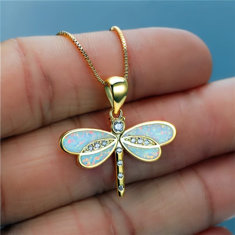 Enchanted Opal Dragonfly Amulet Necklace