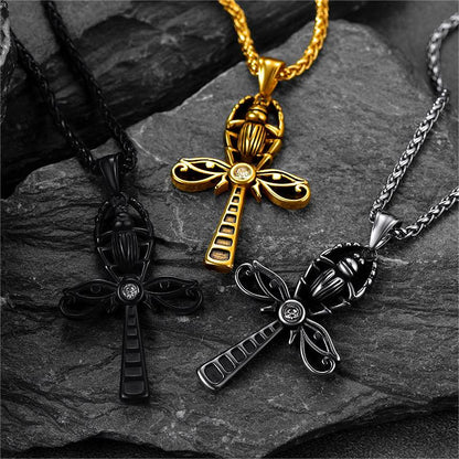 Egyptian Scarab Ankh Cross Necklace for