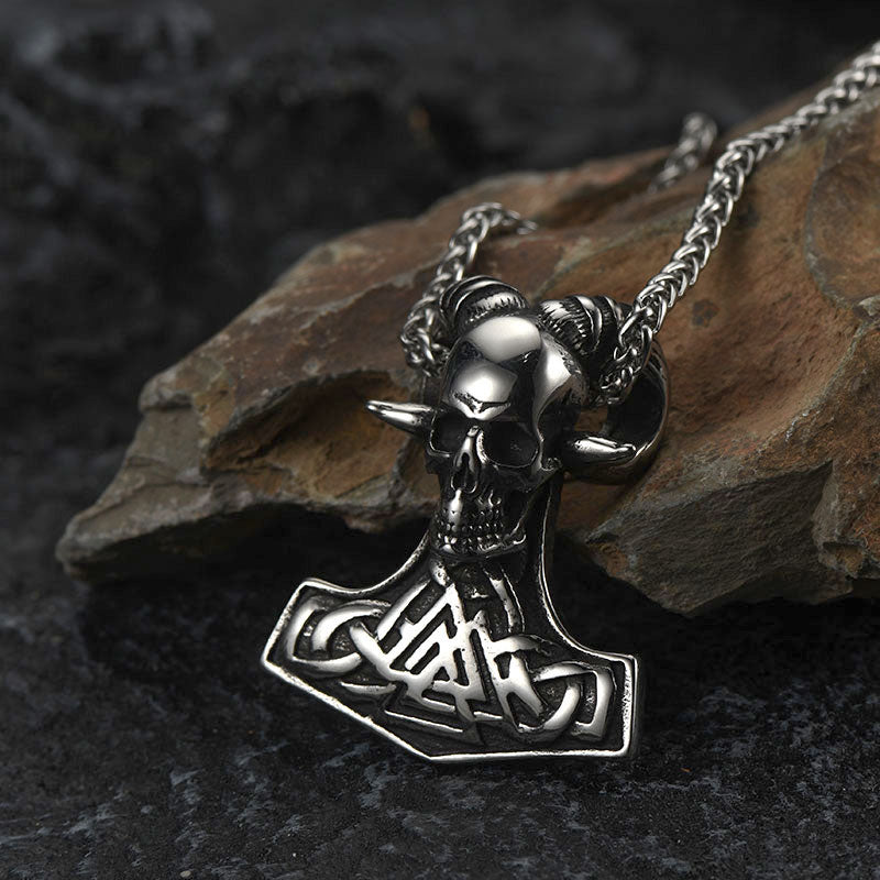 Viking Mjolnir Thor's Hammer Skull Necklace Pendant for