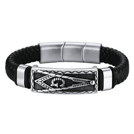 Masonic Compass Braided Black Leather Bracelet for Father Husband