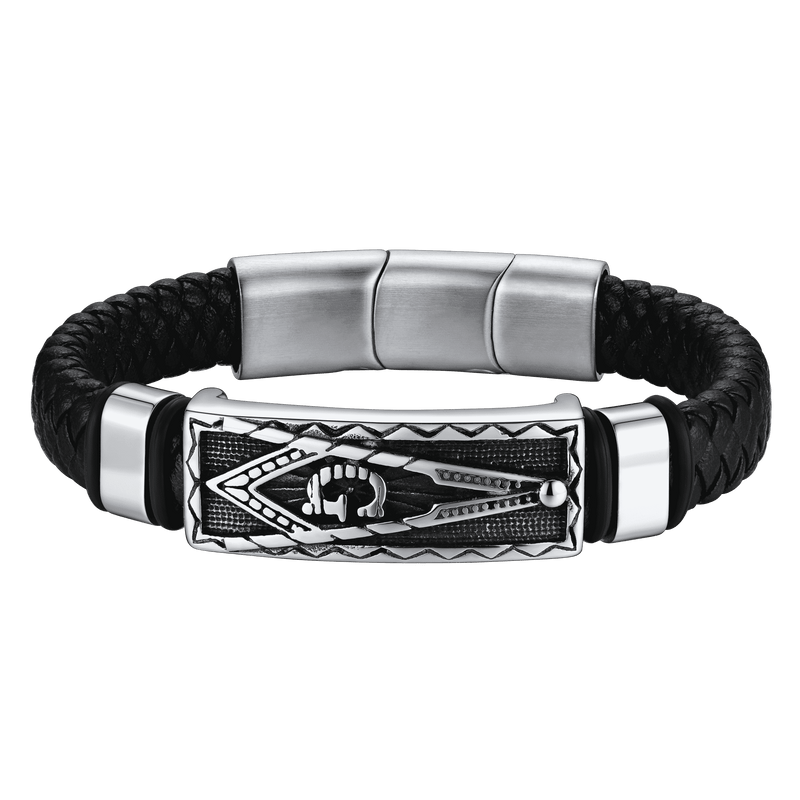 Masonic Compass Braided Black Leather Bracelet for Father Husband