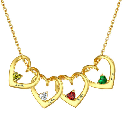Sterling Silver Personalized 1-5 Hearts Birthstones Necklace for Family