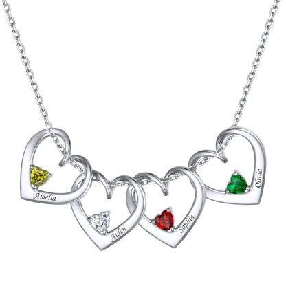 Sterling Silver Personalized 1-5 Hearts Birthstones Necklace for Family