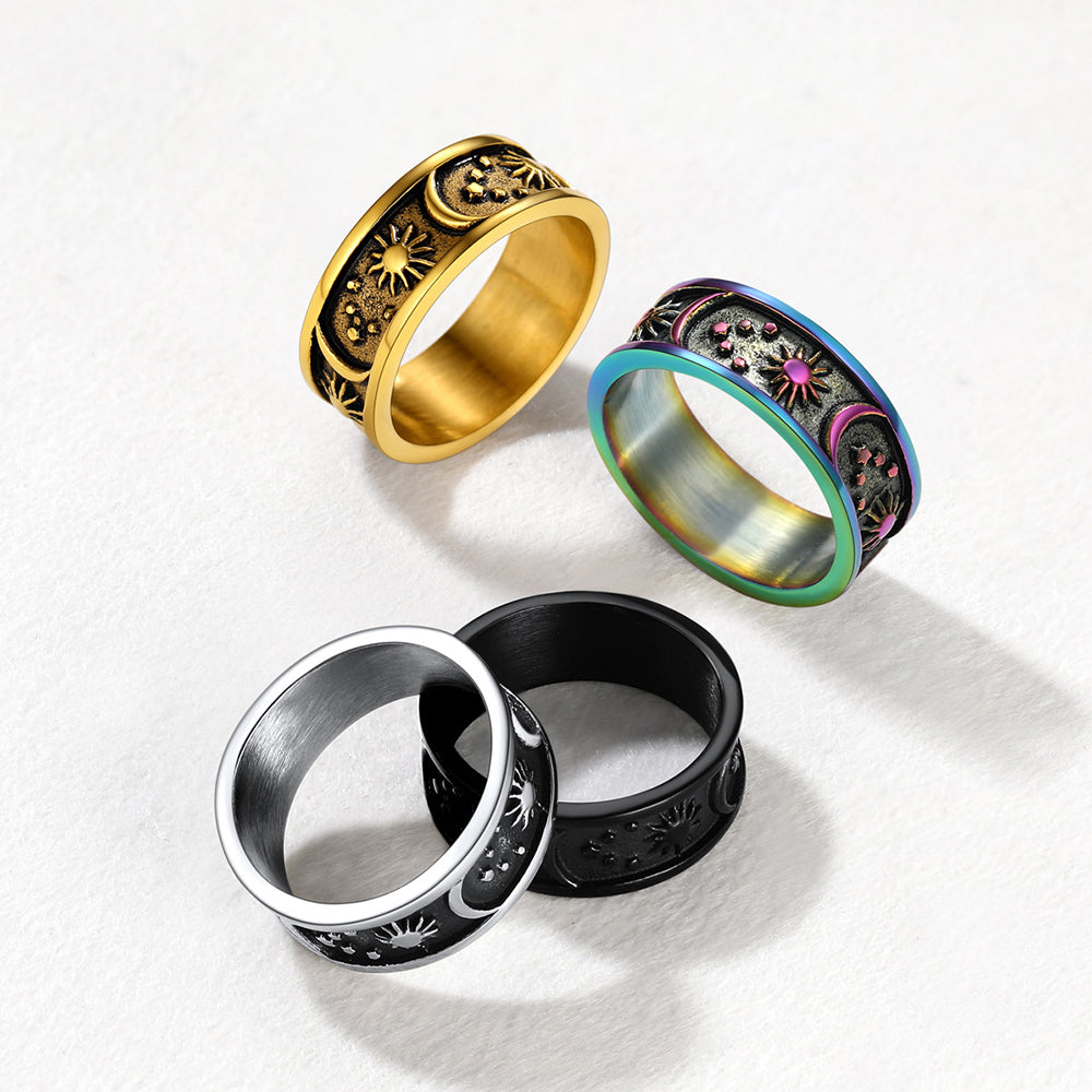 Stainless Steel Sun Moon Star Band Ring for