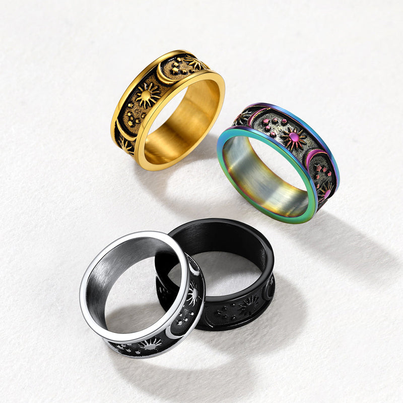 Stainless Steel Sun Moon Star Band Ring for