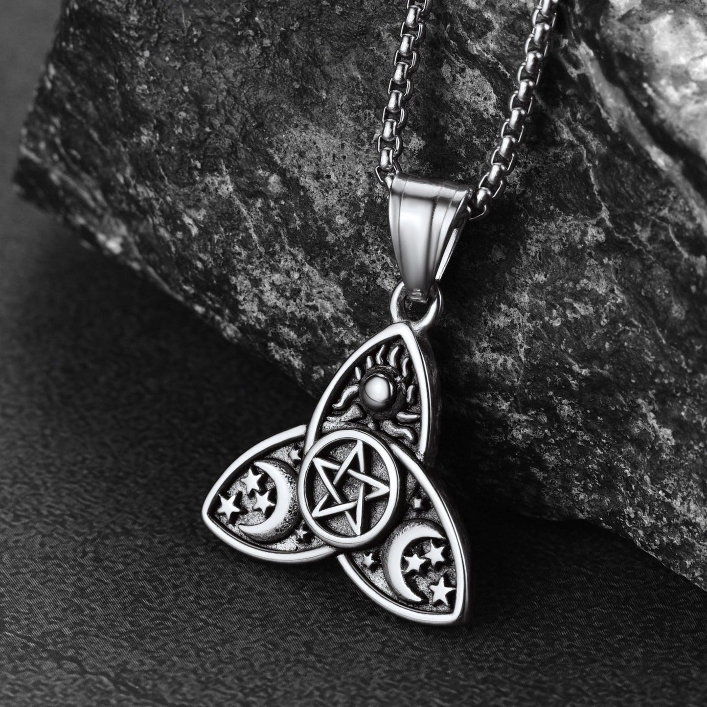 Triple Moon Goddess Pentagram Necklace for