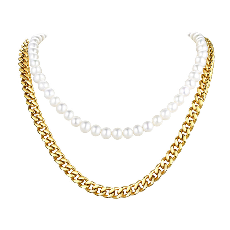 Freshwater Pearl & Cuban Link Chain Necklace for