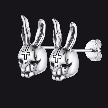 Halloween Silver Evil Bunny Stud Earrings for