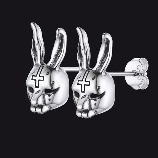 Halloween Silver Evil Bunny Stud Earrings for