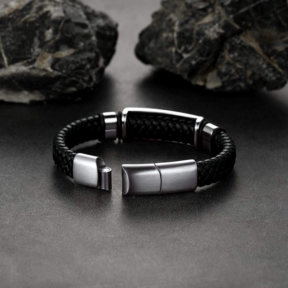 Custom Braided Black Engraved Leather Bracelet Cuff for