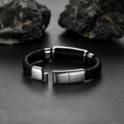 Gothic Black Skull Braided Leather Bracelet for Son Grandson