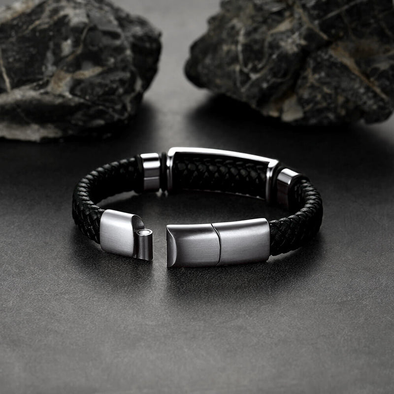 Gothic Black Skull Braided Leather Bracelet for Son Grandson