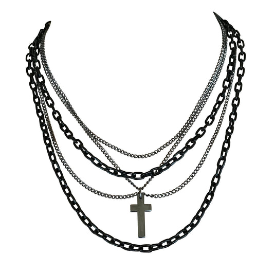Multilayer Gothic 80s Retro Black and Gunmetal Chain Necklace With Cross