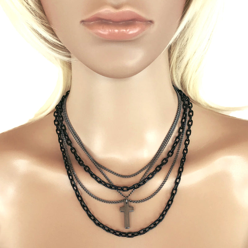 Multilayer Gothic 80s Retro Black and Gunmetal Chain Necklace With Cross