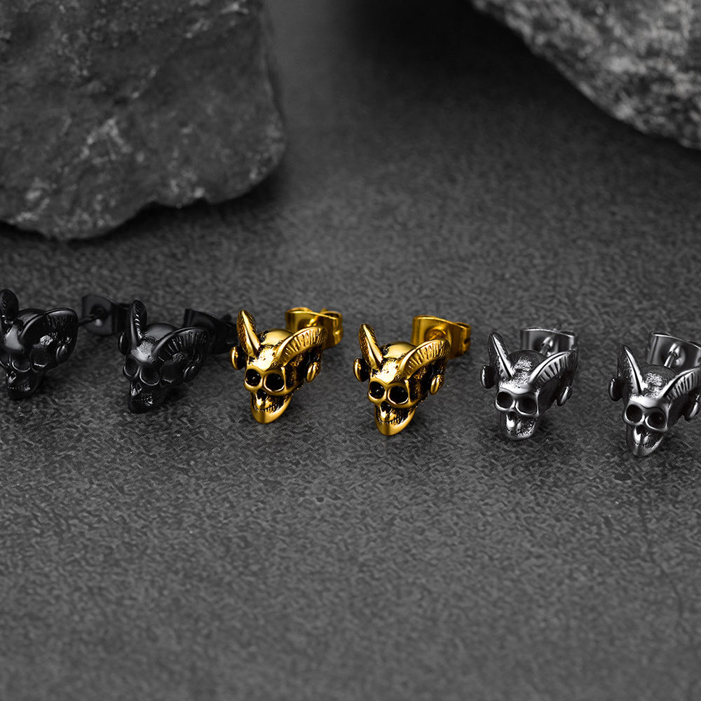 Satanic Baphomet Goat Skull Head Stud Earrings for