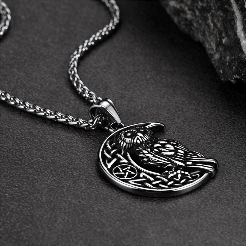 Viking Celtic Crescent Moon Owl Necklace for