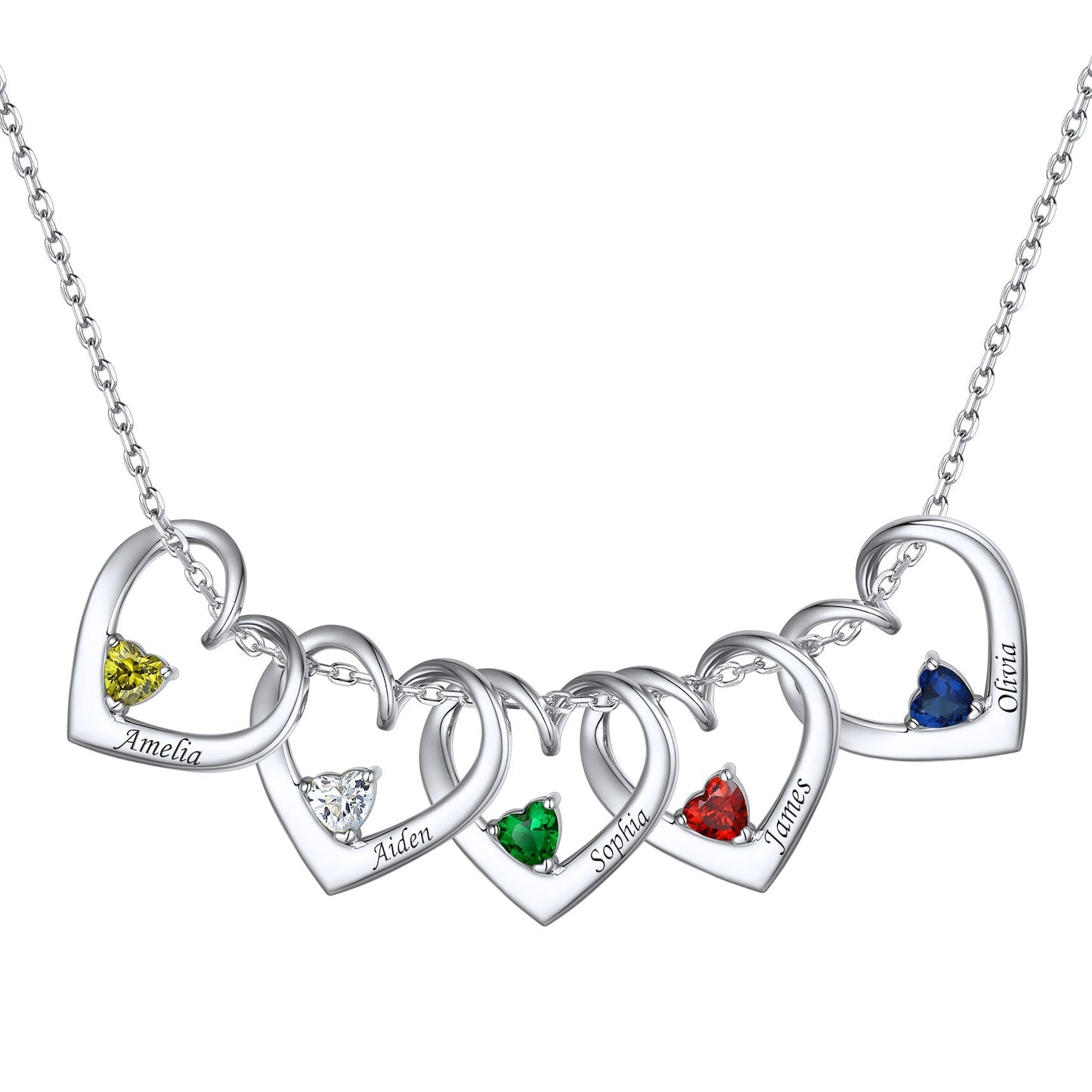 Sterling Silver Personalized 1-5 Hearts Birthstones Necklace for Family
