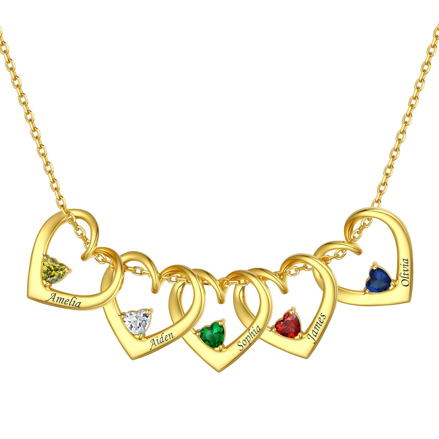 Sterling Silver Personalized 1-5 Hearts Birthstones Necklace for Family