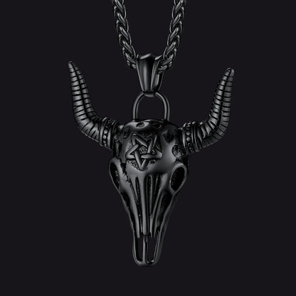 Flash Satanic Bull Cow Skull Necklace With Invert Pentagram for