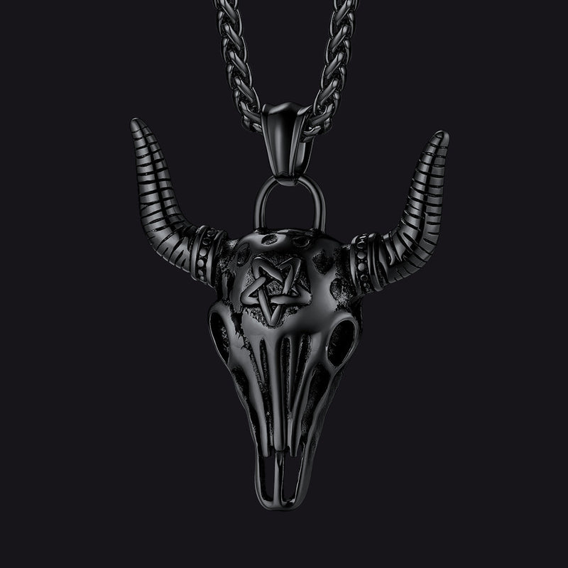 Flash Satanic Bull Cow Skull Necklace With Invert Pentagram for