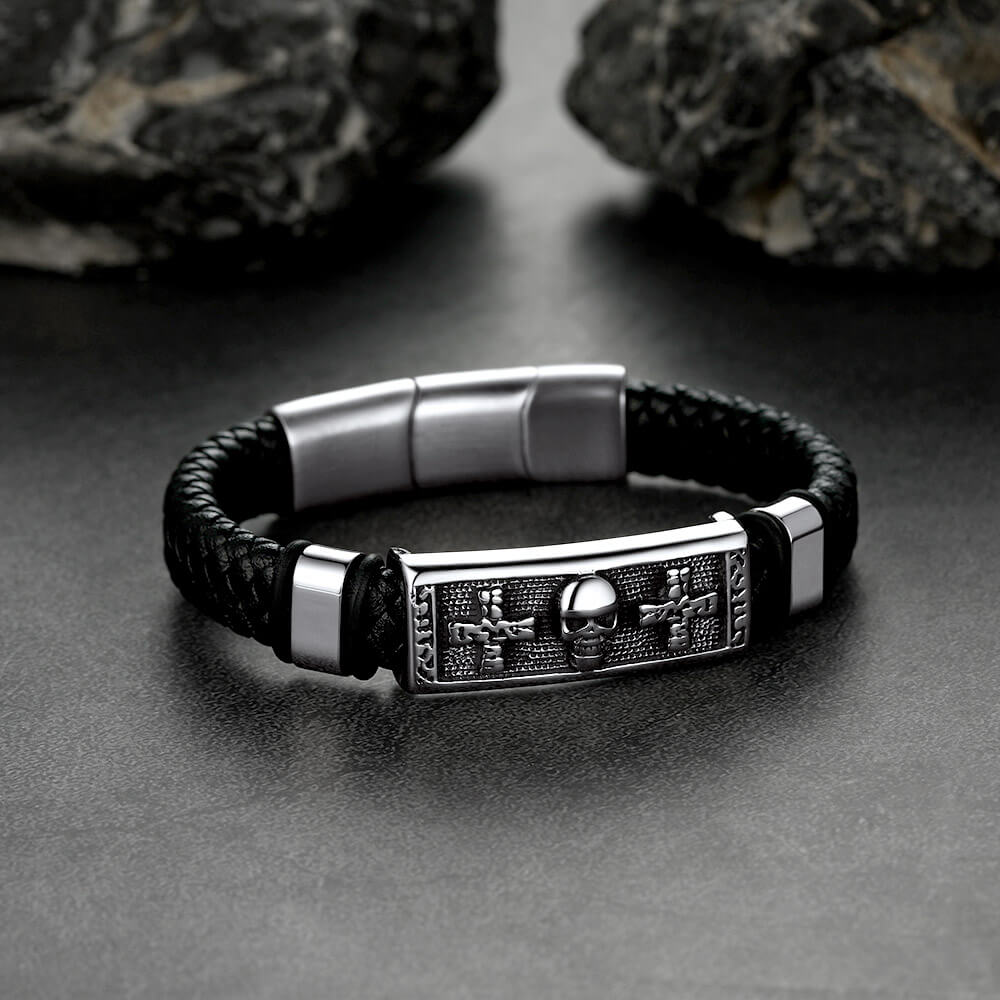 Gothic Black Skull Braided Leather Bracelet for Son Grandson